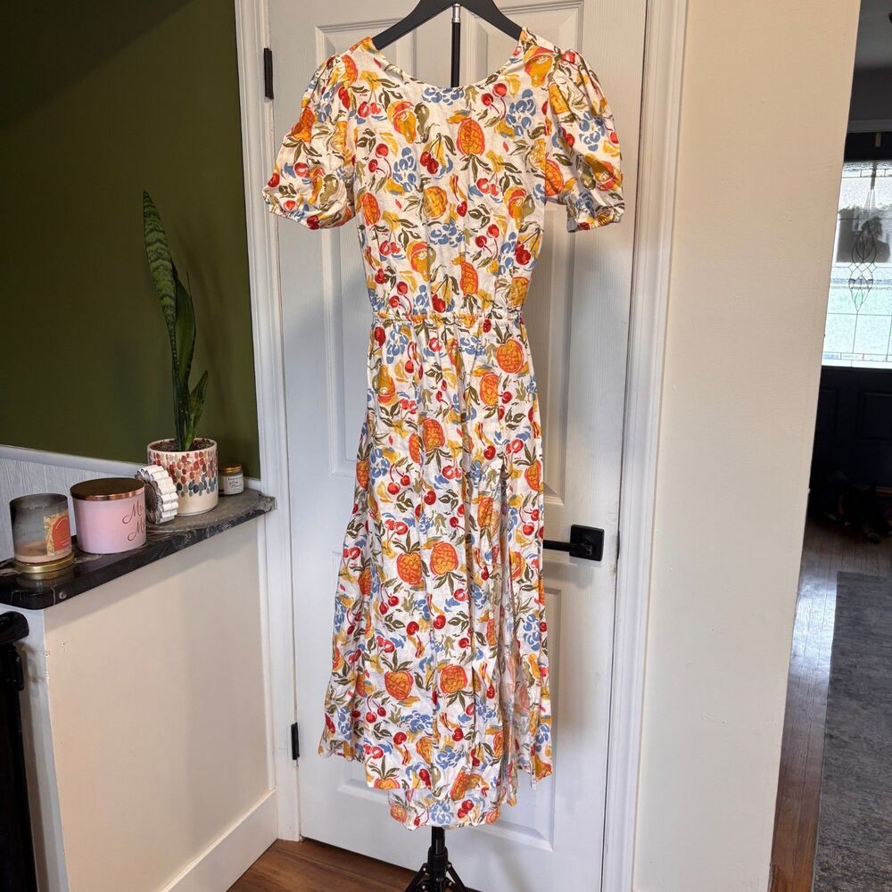 Reformation Anneliese Linen Dress Fruit Cocktail Open Back Puff Sleeve Midi Sz 4 - Picture 2 of 9